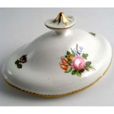 Derby? or Worcester? Oval lid for a sucrier, decorated in colourful flower sprays, oval and gilded finial, c1800