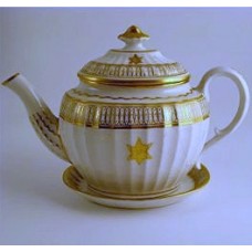 Coalport Oval Teapot and Stand, new fluted design, decorated in gilt 'garter star' with 'dot and elliptical' border pattern, c1810