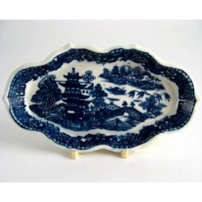 Caughley Rare Spoon Tray, Blue and White 'Pagoda' Pattern Decoration, Elongated Hexagonal Shape, faint 'S' Mark, c1785