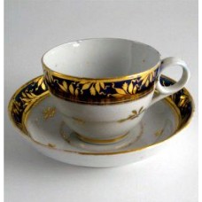 Chamberlain Worcester Tea Cup & Saucer, Dejeuney, gilded roses, blue border with gold barley ears, pattern number 273, c1802-5