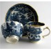 Caughley Scalloped Trio of Tea Bowl, Coffee Can and Saucer, Blue and White 'Pagoda'  Landscape Pattern,  c1785