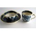 Caughley Scalloped Trio of Tea Bowl, Coffee Can and Saucer, Blue and White 'Pagoda'  Landscape Pattern,  c1785