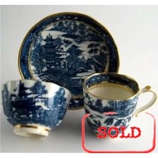 SOLD Caughley Scalloped Trio of Tea Bowl, Coffee Can and Saucer, Blue and White 'Pagoda'  Landscape Pattern,  c1785 SOLD