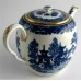 Worcester Barrel Shaped Teapot, Decorated in Blue and White  with the 'Two Figures in a Temple Landscape' Pattern, Disguised Numeral Mark, c1775-85