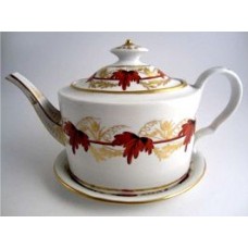 Coalport Oval Teapot and Stand, Red and Gilt Vine Leaf  Decoration, c1800-1805