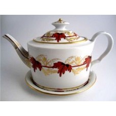 SOLD Coalport Oval Teapot and Stand, Red and Gilt Vine Leaf  Decoration, c1800-1805 SOLD