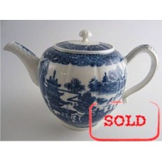 SOLD Caughley fluted form Teapot, printed with blue and white  'Pagoda' pattern, un-gilded, Salopian 'S' mark, c1785 SOLD