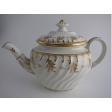 Coalport 'John Rose' Teapot, Waisted Spiral Fluted Oval 'Gilded' Flower Sprig Decoration, c1798