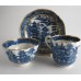 Caughley Scalloped Trio of Tea Bowl, Coffee Can and Saucer, Blue and White 'Pagoda' Landscape Pattern, c1785