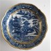 Caughley Scalloped Trio of Tea Bowl, Coffee Can and Saucer, Blue and White 'Pagoda' Landscape Pattern, c1785