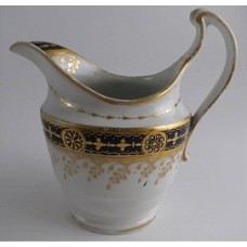 Chamberlain Worcester Oval Shaped Milk Jug, Underglaze Blue and Gilt 'Blue Border with Gold Ovals and Gilded Dropping Foliage' Decoration, Pattern Number 61, c1800-1805
