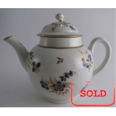 SOLD Worcester Teapot and Cover with Flower Finial, Decorated in Underglaze Blue with Formal Flowers, Honey Gold Leaves and Stems, Gold Dentil Rims, c1785 SOLD