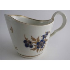 Worcester Milk Jug, Decorated in Underglaze Blue with Formal Flowers, Honey Gold Leaves and Stems, Gold Dentil Rim and Base, c1785