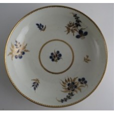 Worcester 'Bread and Butter' or 'Cake' Plate, Decorated in Underglaze Blue with Formal Flowers, Honey Gold Leaves and Stems, Gold Dentil Rim, c1785