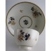 Worcester Tea Bowl and Saucer, Decorated in Underglaze Blue with Formal Flowers, Honey Gold Leaves and Stems, Gold Dentil Rim and Base, c1785