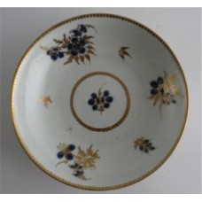 Worcester Saucer, Decorated in Underglaze Blue with Formal Flowers, Honey Gold Leaves and Stems, Gold Dentil Rim, c1785