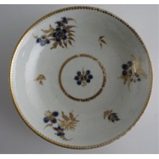 Worcester Saucer, Decorated in Underglaze Blue with Formal Flowers, Honey Gold Leaves and Stems, Gold Dentil Rim, c1785