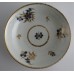 Worcester Saucer, Decorated in Underglaze Blue with Formal Flowers, Honey Gold Leaves and Stems, Gold Dentil Rim, c1785