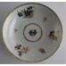 Worcester Saucer, Decorated in Underglaze Blue with Formal Flowers, Honey Gold Leaves and Stems, Gold Dentil Rim, c1785