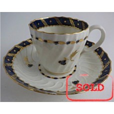 SOLD Worcester Oval Shanked Coffee Cup and Saucer, Blue and Gilt Decoration with 'Bluebell pattern', c1795 SOLD