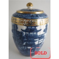 SOLD Caughley 'Barrel' Shaped Vertically Moulded Tea Canister, Decorated with Blue & White 'Pagoda' Pattern, c1785 SOLD