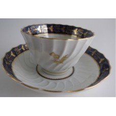 Barr Worcester Tea Bowl & Saucer, Shanked Shape with Blue and Gilt Border and Gilded Thistles, Scratched 'B' mark, c1795