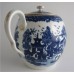 Worcester Barrel Shaped Teapot and Cover, Decorated with Blue and White prints of the Oriental 'Temple' pattern (without a bridge), c1785