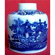 Staffordshire Pearlware Cylindrical Tea Canister, Printed with Blue 'Oriental scenes', c1795