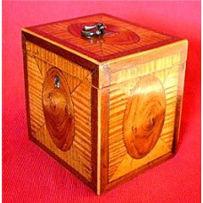 George III Satinwood Single Cube Tea Caddy, Exquisitely Inlaid On All Four Sides & Top With Ovals & Quarter veneers, Very Fine 'Rope' Inlay Borders, Boxwood strung, Brass Loop Handle, c1785