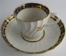 Barr Worcester Coffee Can & Saucer, Shanked Shape with Blue and Gilt Border and Gilded Thistles, Scratched 'B' mark, c1795