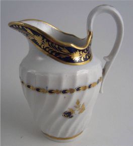 Salopian Jug, 'Waisted' Spiral Moulded Body, Underglaze Cobalt Blue with Gilt Decoration, c1795