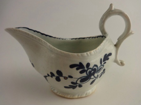 Liverpool or Lowestoft? Moulded Sauce Boat, Blue and White Floral Pattern, c1770