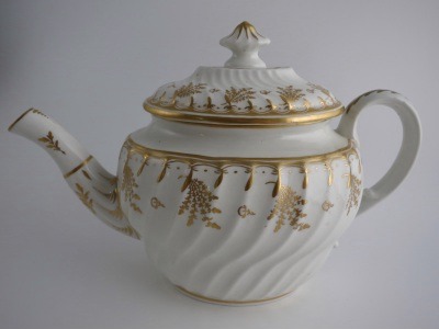 Coalport 'John Rose' Teapot, Waisted Spiral Fluted Oval 'Gilded'  Flower Sprig Decoration, c1798