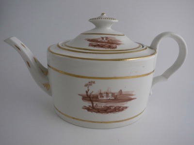 Coalport 'John Rose' Rare Oval Straight Sided Teapot, Applied Classical Scenic Views, c1803