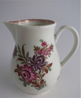 'First Period' Worcester Sparrow Beak Milk Jug, Pear Shape Body, Polychrome Floral Decoration, c1770