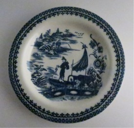 Caughley small sized plate, beautifully decorated with the transfer printed blue and white 'Pleasure Boat' or 'Fisherman and Cormorant' pattern, c1785