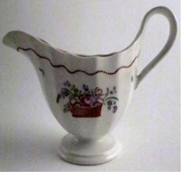 New Hall Milk Jug, Elegant Reeded Helmet Shape, Decorated with a Colourful Basket of Flowers, Pattern 112, c1795