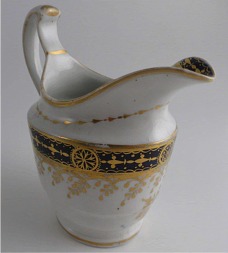 Chamberlain Worcester Oval Shaped Milk Jug, Underglaze Blue and Gilt 'Blue Border with Gold Ovals and Gilded Dropping Foliage' Decoration, Pattern Number 61, c1800-1805