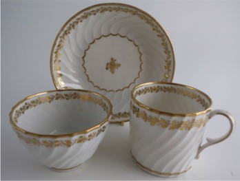 Coalport Spiral Shanked Trio (Tea Bowl, Coffee Can and Saucer), Gilded Leaf Garland Decoration, c1800