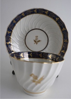 Barr Worcester Tea Bowl & Saucer, Shanked Shape with Blue and Gilt Border and Gilded Thistles, Scratched 'B' mark, c1795