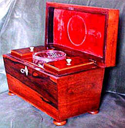 Rosewood Tea Caddy, with Two Rectangular Canisters and its Original Glass Mixing Bowl, c1810