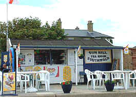 At the far South end of the beach huts is a beach style café called 'Gun Hill'.