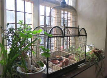 A large birdcage on a landing of the West Staircase